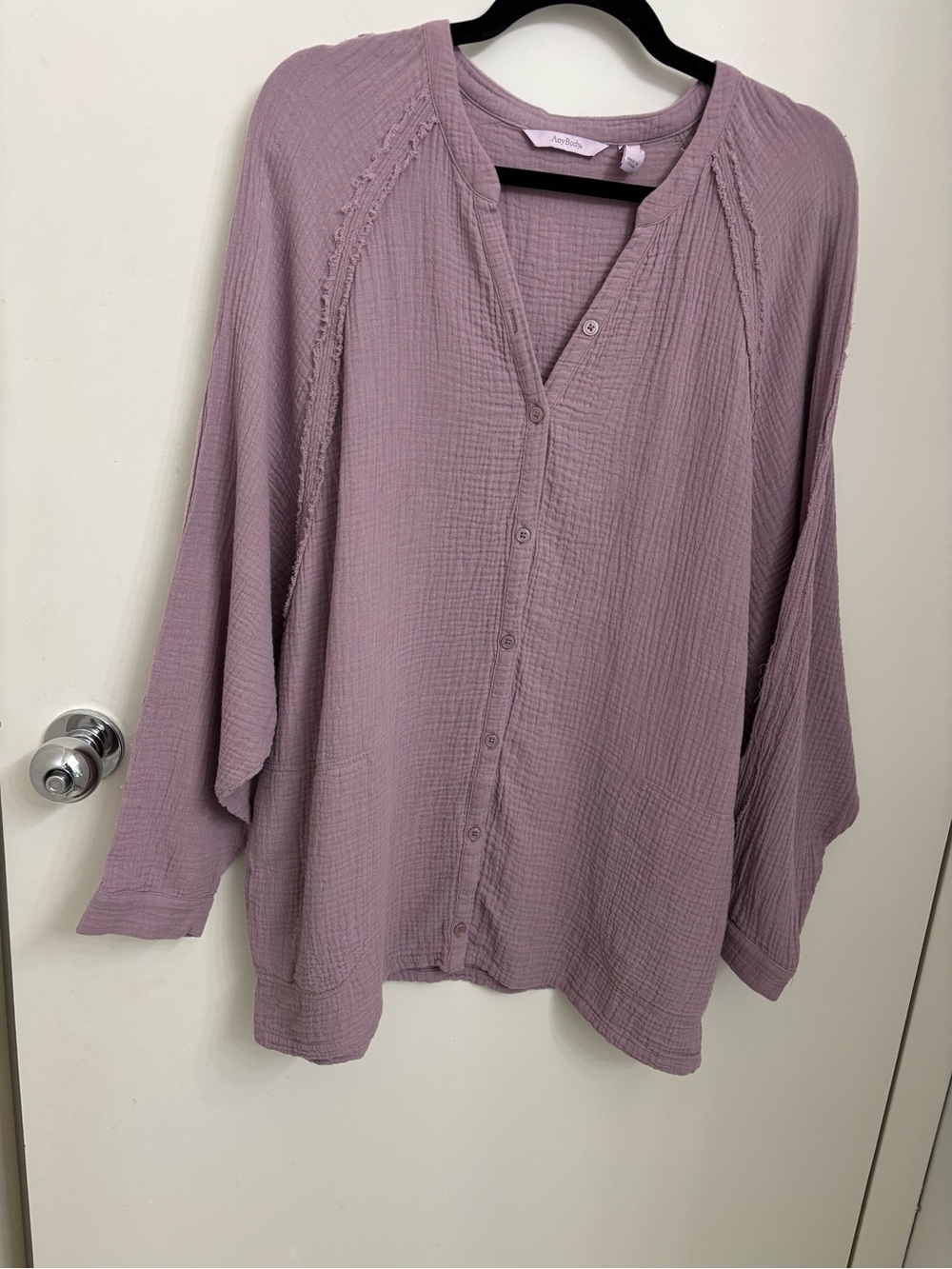 Anybody gauze button shirt with raw edge detailing QVC item 498724